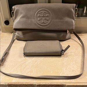 Tory Burch Taupe Bombe Fold Over Clutch or Crossbody and wallet - Project Pieces